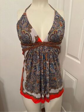 Sky Boho Paisley Halter Tank Top with Braided Waist L